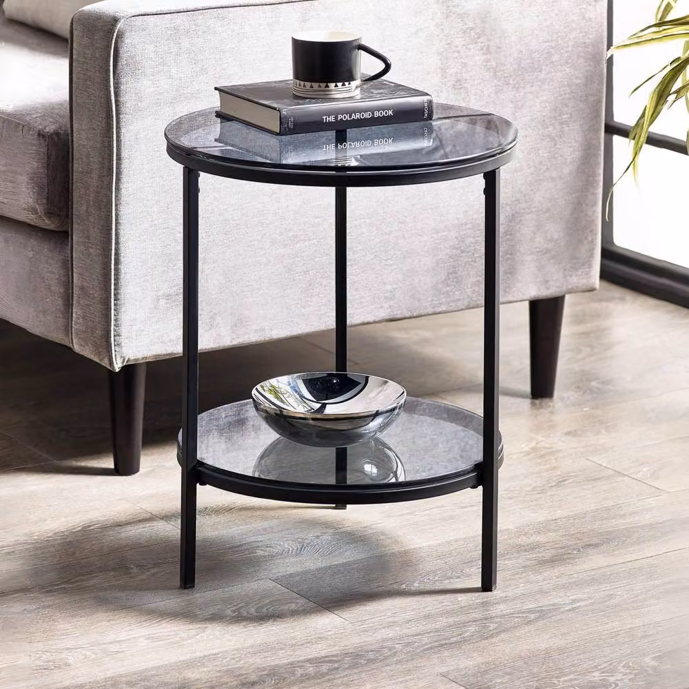 Cheshire Stirling Circular Lamp Table with Smoked Glass Shelf in Black and Multicolour, W/D/H: 56.0 x 45.0 x 45.0 cm – 2