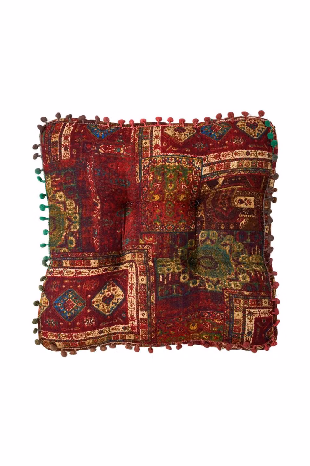 Living and Home Red Linen Bohemian Patterned Square Seat Cushion with Pom-Pom Trim – 3