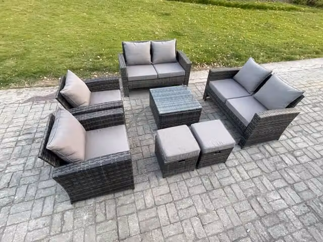 Fimous Rattan Garden Furniture Set in Dark Grey with Double Seater Sofa, Square Coffee Table and Two Ottomans