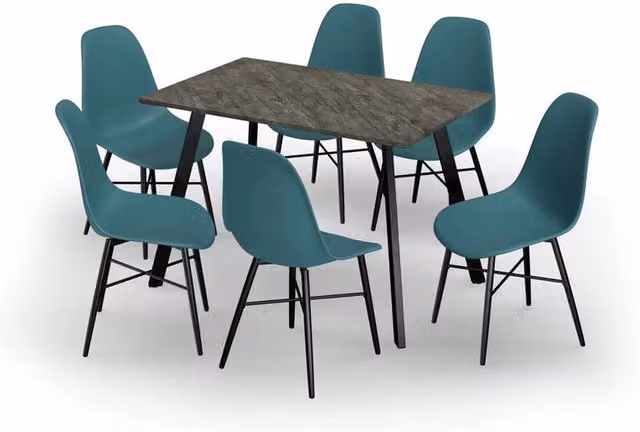 URBNLIVING Modern Dining Set with 110 cm Rectangular Slate Grey Table and 6 Ocean Blue Tulip Chairs