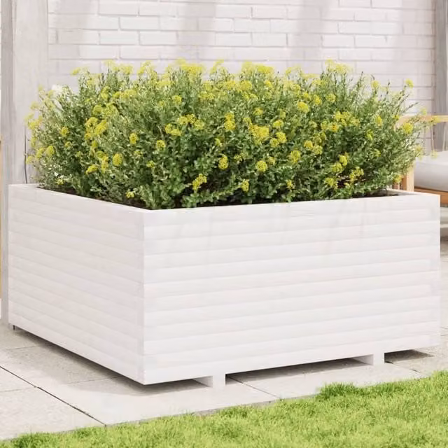 Berkfield Home White Solid Pine Garden Planter Tub, W/D/H: 100 x 100 x 49.5 cm