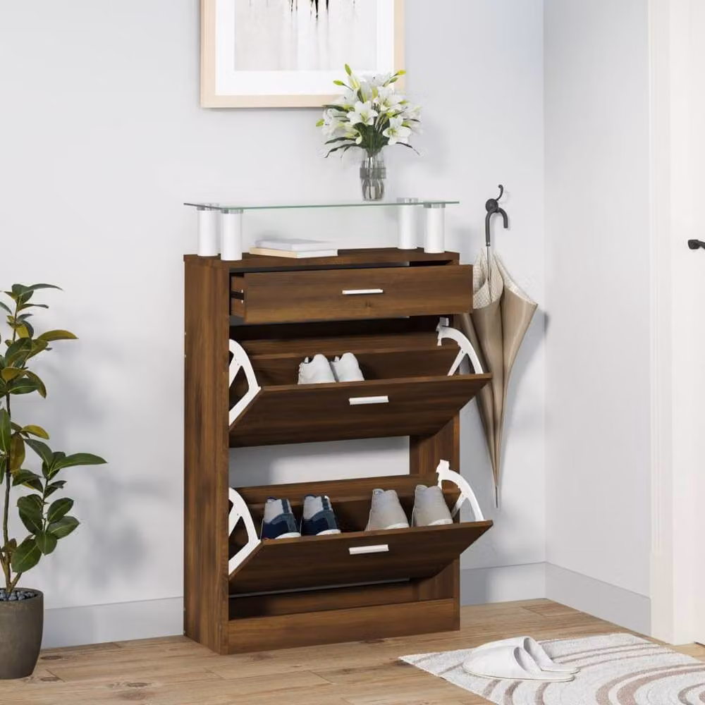Berkfield Home Modern Oak Shoe Cabinet in Brown, W/D/H: 63 x 24 x 104 cm – 2