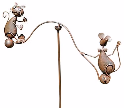 Minster Cat & Mouse Garden Weathervane Spinner in Brown Metal, W/D/H: 80 x 80 x 130 cm