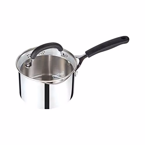 Prestige Made To Last Stainless Steel Saucepan with Straining Glass Lid and Silicone Handles, Silver, Diameter: 16 cm
