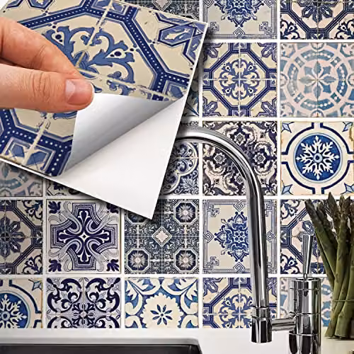 WALPLUS Malaga Spanish Blue Geometric Tile Stickers, 24 pcs, 15 x 15 cm – 1
