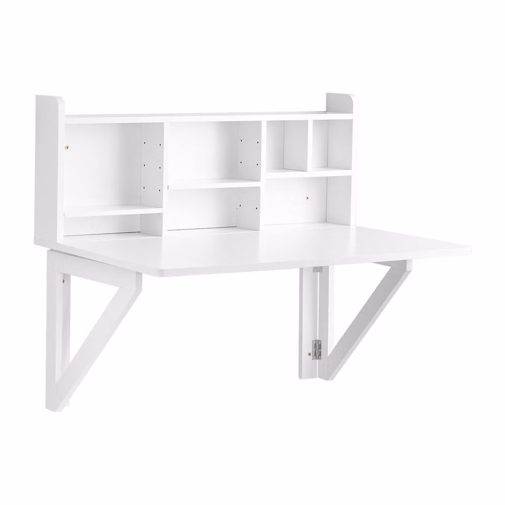 SoBuy Minimalist Wall-Mounted Folding Writing Desk with Integrated Shelf in White – 2