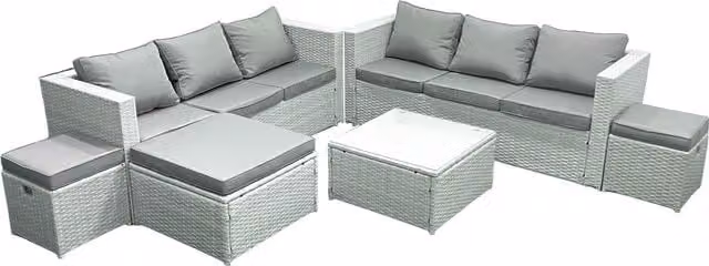 Fimous 9 Seater Rattan Garden Furniture Set in Light Grey with Upholstered Cushions and Ottomans – 1