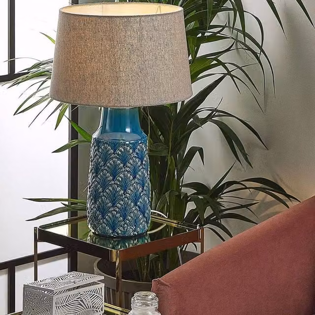 Wyld and Coco Blue and Grey Leaf Ceramic Bedside Lamp, Height: 55 cm