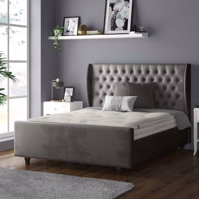IH Design Aurora Chesterfield Wing Plush Velvet Bed Frame in Grey, 180 x 200 cm