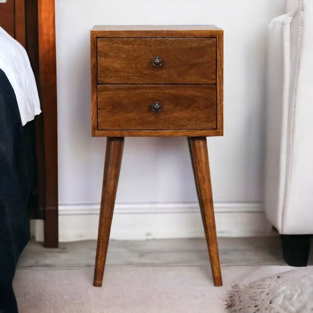 Aosom UK Solid Mango Wood Mini Bedside Cabinet with 2 Drawers and Nordic Slim Legs, Brown, W/D/H: 30 x 30 x 57 cm – 1