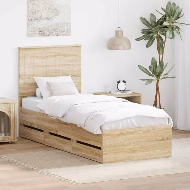 Berkfield Home Modern Bed Frame with Drawers in Sonoma Oak Brown, W/D/H: 75 x 190 cm