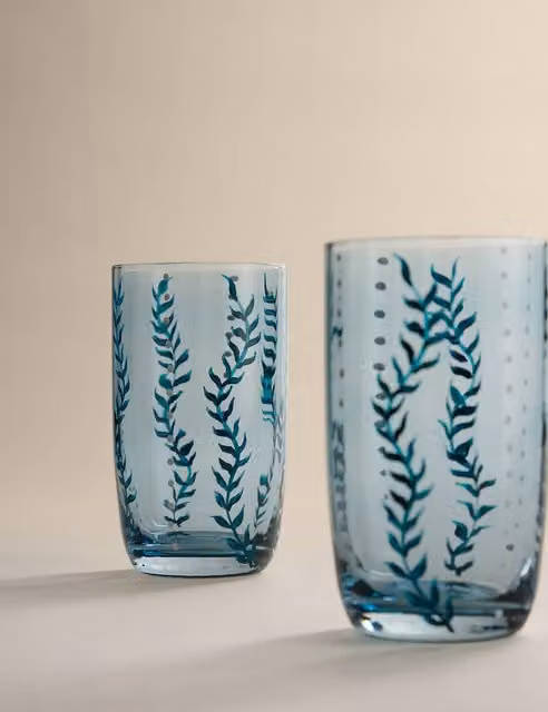 M&S Set of 2 Blue Hand Painted Dotted Hi Ball Tumbler Glasses