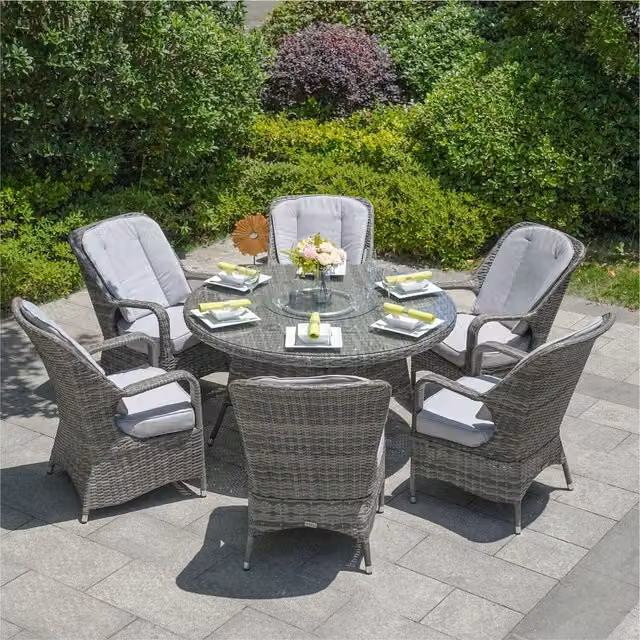 Abrihome 6-Seater Modern Round Dining Table Set with Rotating Glass Top and Powder Coated Aluminium Frame in Grey