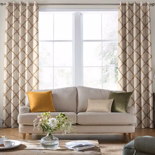 Laura Ashley Pennorth Made To Measure Blackout Thermal Insulating Eyelet Curtains in Amber and Beige
