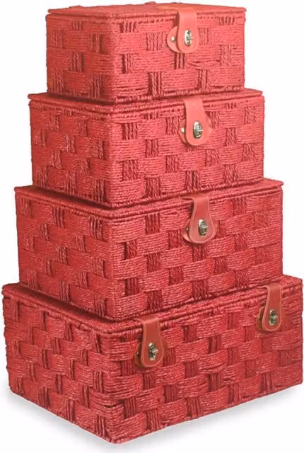 Set of 4 Red Open Weave Paper Rope Picnic Baskets with Lids – 1