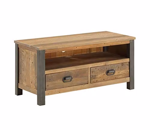 baumhaus Urban Elegance Industrial Reclaimed Widescreen TV Cabinet in Brown with Solid Wood and Steel Frame, W: 100 cm, D: 45 cm, H: 47 cm
