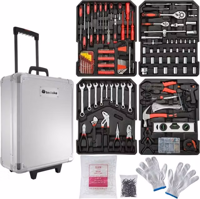 tectake 599 Piece Aluminium Tool Box Trolley with Screwdrivers, Wrenches and Pliers, Silver