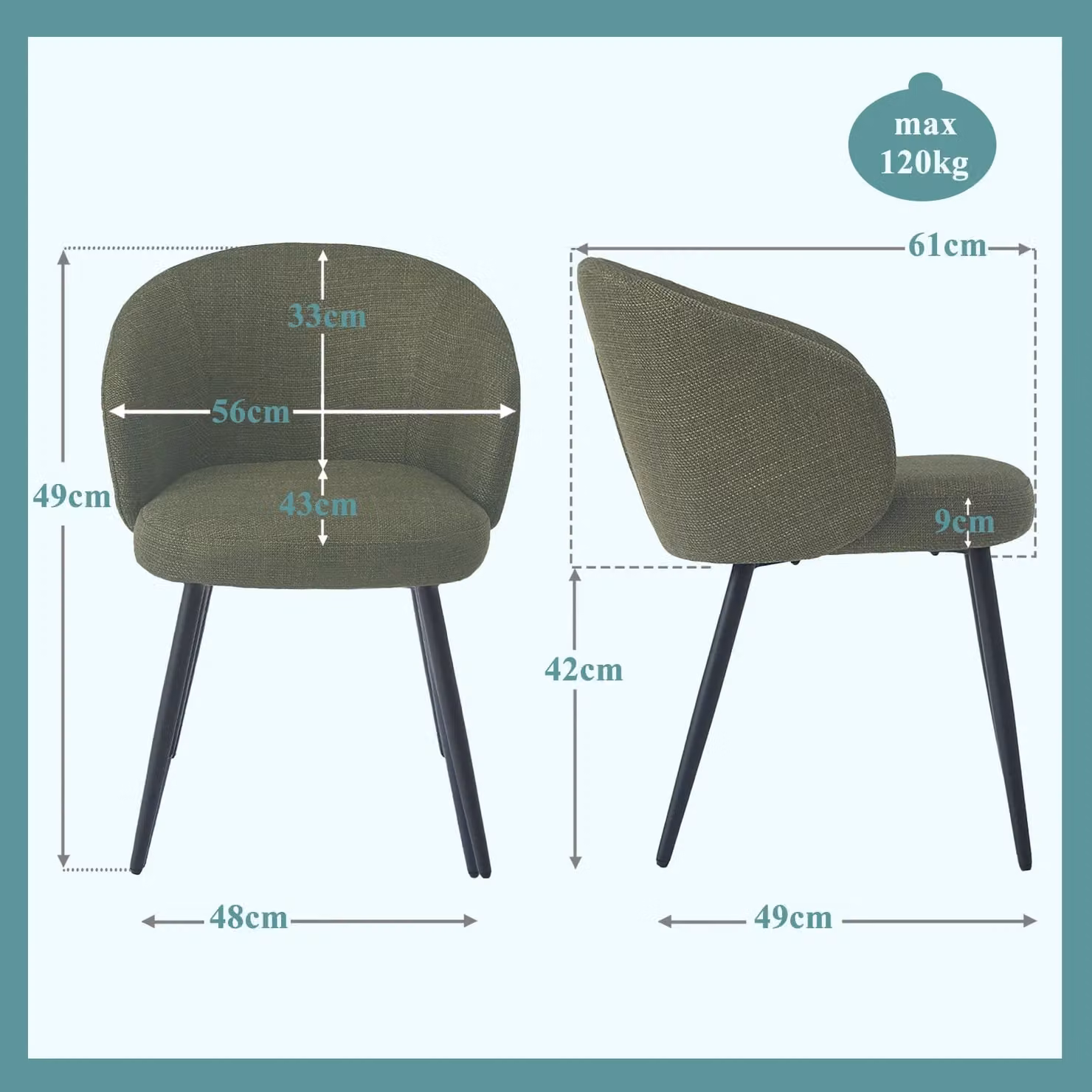 SONARA Modern Set of 2 Green Fabric Ergonomic Dining Chairs with Arms – 2