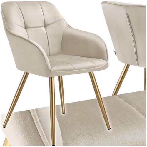 tectake Marilyn Dining Chair with Velvet Fabric and Gold Metal Legs in Cream/Gold – 1