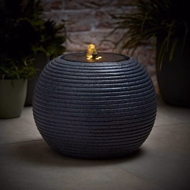 ValueLights Solar Powered Round Ribbed Outdoor Garden Water Fountain in Grey – 1