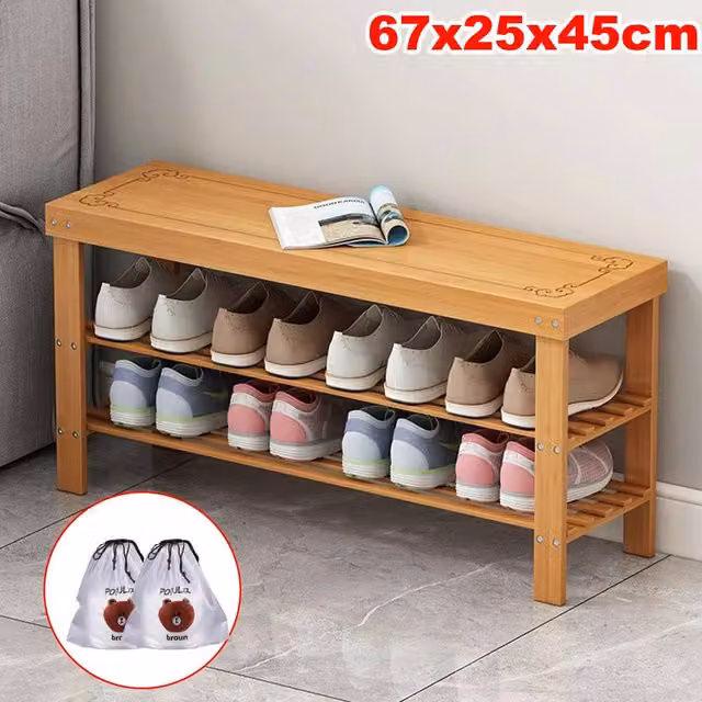 FORGEVIO Hallway Storage Bench with 3 Tier Wooden Shoe Rack in Brown