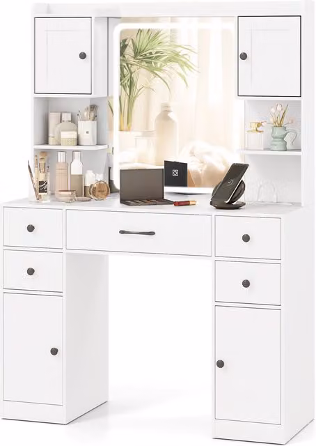 COSTWAY Modern White Makeup Vanity Desk with Hollywood LED Mirror