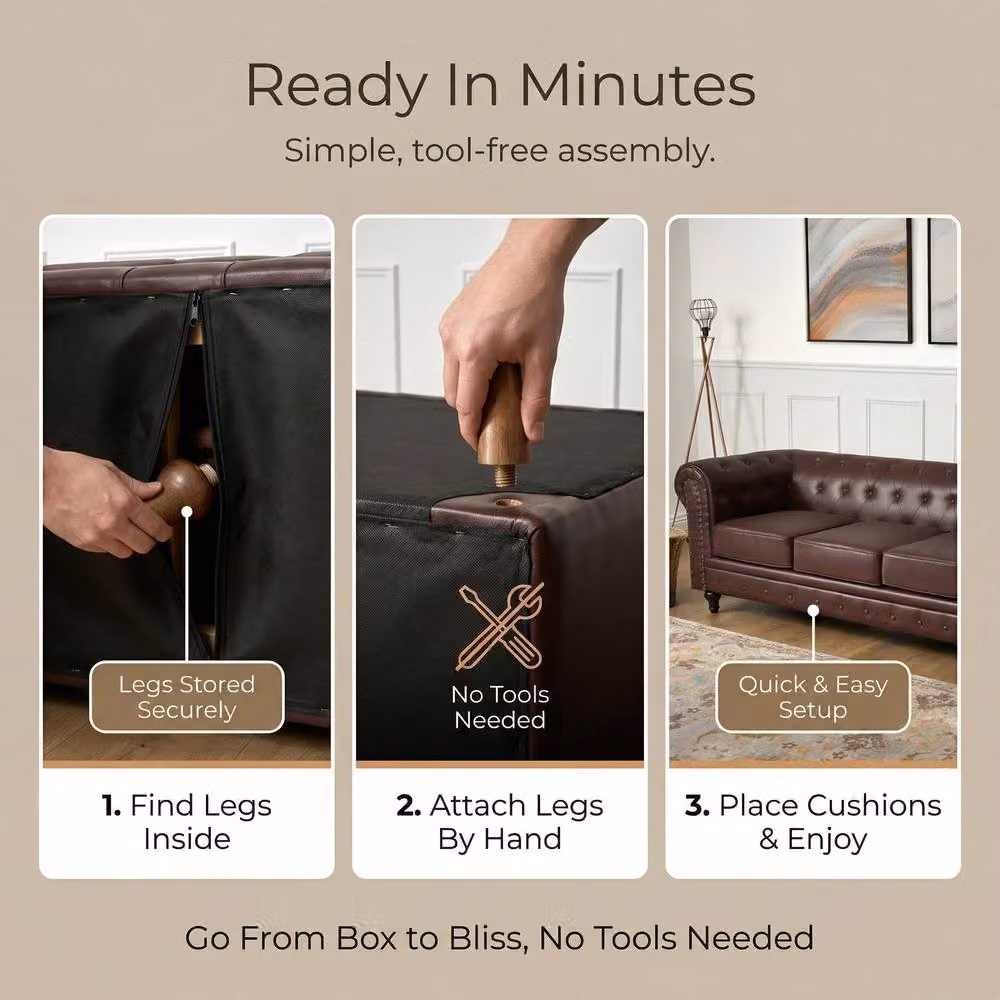 Bravich LTD Chesterfield Scroll Arm Faux Leather Settee in Brown, 2 Pack – 6