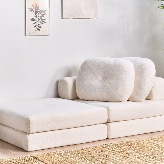 Wyld and Coco White Boucle 1-Seater Convertible Sofa Bed Single Sleeper Chair