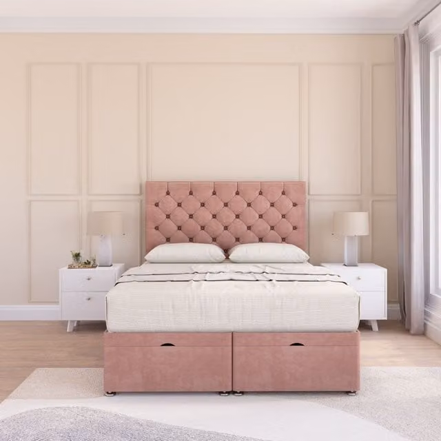 Sloomy Mayfair Pink Plush Fabric Ottoman Bed with Sprung Memory Mattress and 26 Inch Headboard, Small Double