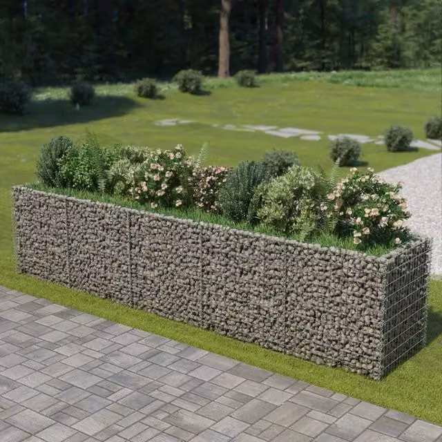 Berkfield Home Galvanised Steel Stone Gabion Raised Bed in Silver, W: 450 cm, D: 90 cm, H: 100 cm – 1