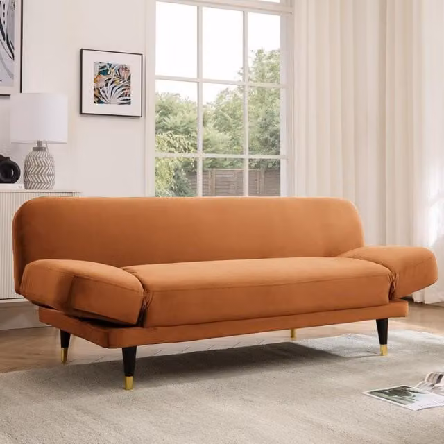 Silas Click-Clack Sofa Bed with Adjustable Armrests in Burnt Orange Velvet