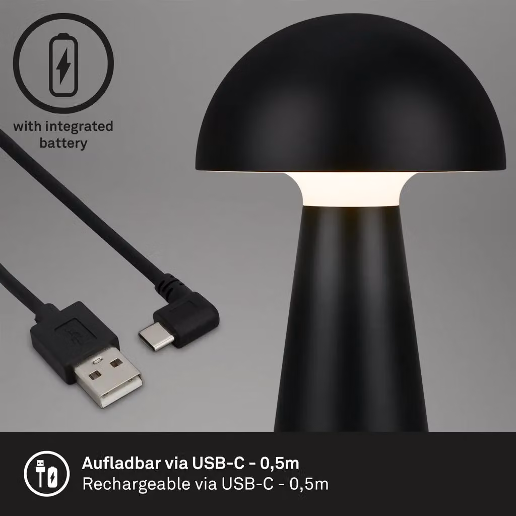 Briloner Rechargeable LED Mushroom Table Lamp, Dimmable Touch Control Wireless Night Light, Matt Black, W/D/H: 28 x 16 x 16 cm – 6