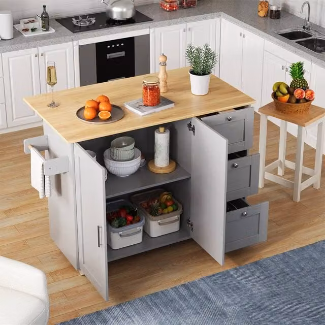 BTM Rolling Kitchen Island with Foldable Top, 3 Drawers and 2 Doors in Grey, H 90 x W 70 x D 70 cm