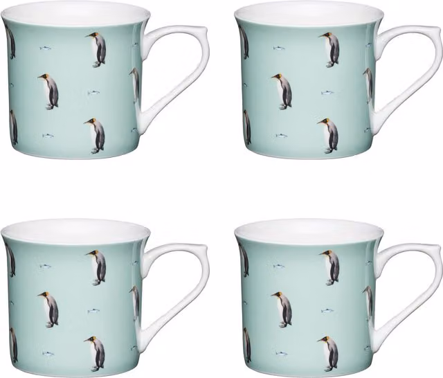 KitchenCraft Set of 4 Blue Fluted Bone China Penguin Mugs