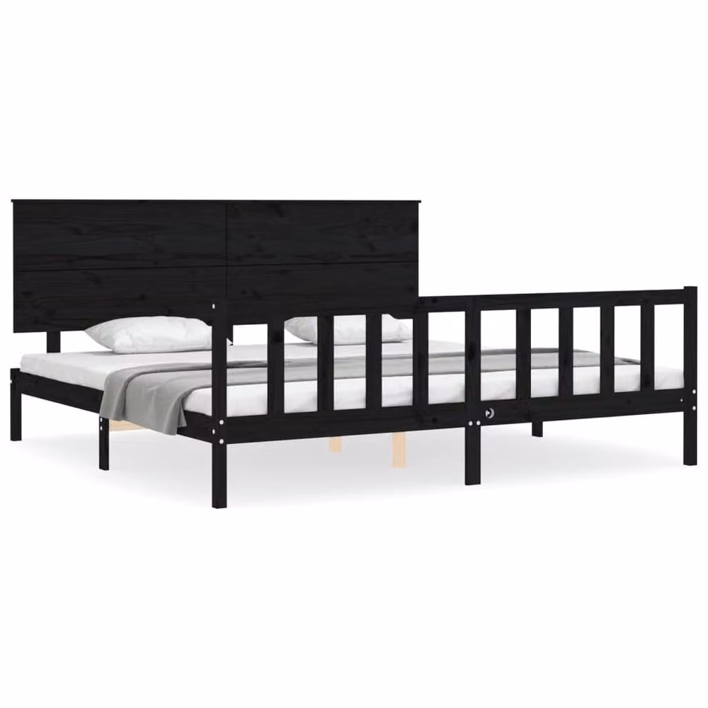 Berkfield Home Beautiful Solid Wood Bed Frame with Headboard in Black, W/D/H: 200 x 200 x 82.5 cm – 2