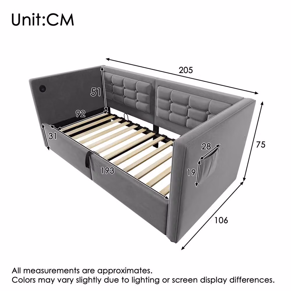 BTM Grey Velvet Upholstered Daybed with USB Charging Port and Hydraulic Lift-Up Storage, W/D/H: 190 x 90 x 75 cm – 2