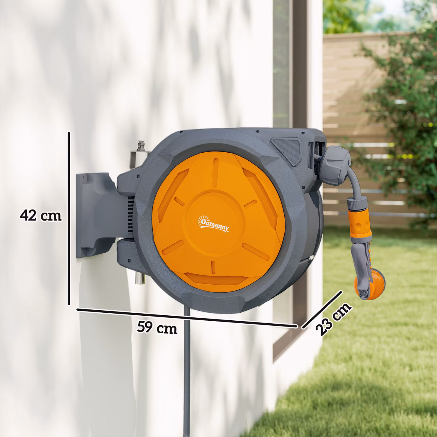 Outsunny Retractable Wall Mounted Garden Hose Reel with Auto Rewind and 7-in-1 Spray Nozzle, Orange – 3