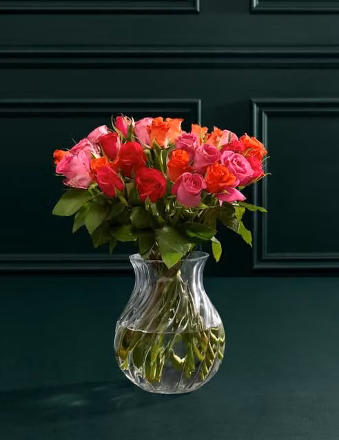 M&S Flower Market Radiant Rose Abundance Bouquet with Glass Vase in Orange, Red and Pink
