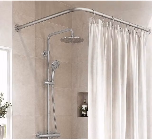 FLAVORA L-Shape Chrome Shower Curtain Rail Pole in Silver, W: 100 cm, D: 40 cm