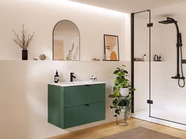 ZEVINI Ribbed Suspended Vanity Unit in Matte Green, W: 80 cm, D: 47 cm, H: 60 cm – 1