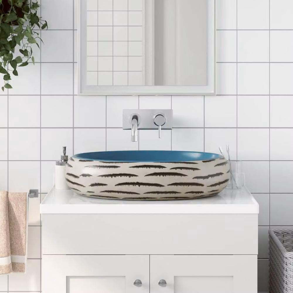 Berkfield Home Multicolour Oval Ceramic Countertop Basin W: 59 cm, D: 40 cm, H: 15 cm – 1