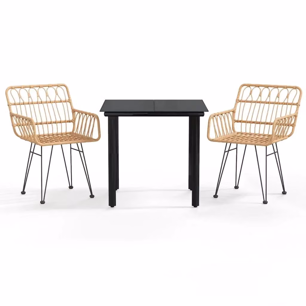 Berkfield Home 3 Piece Brown Poly Rattan Garden Dining Set with Glass Top Table