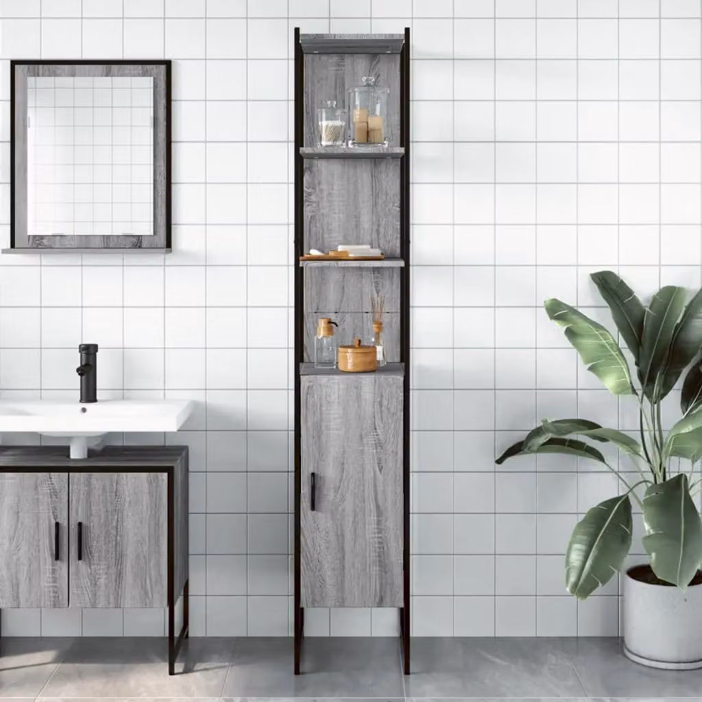 Berkfield Home Grey Sonoma Wall Mounted Bathroom Cabinet with Hinged Doors and Open Shelf, W/D/H: 33 x 33 x 185.5 cm – 3