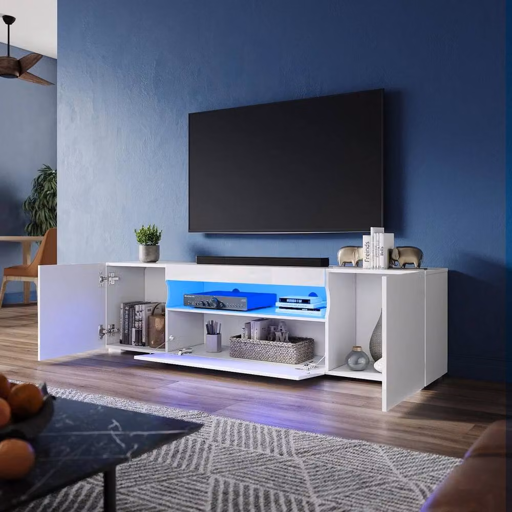 FLAVORA Modern High Gloss White MDF TV Unit with Integrated Lighting, W: 180 cm, D: 49 cm, H: 35 cm – 2