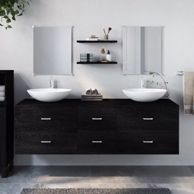 Berkfield Home 5 Piece Modern Black Matt MDF Bathroom Furniture Set with Vanity Unit and Mirror Cabinet