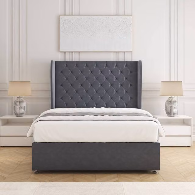 BSSPOKE Amelia Divan Bed Set with 54 inch Plush Velvet Headboard and Mattress in Charcoal Grey, W/D/H: 120 x 200 cm