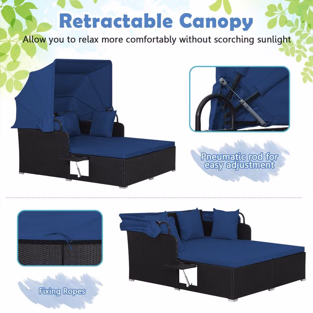 Costway Blue PE Rattan Wicker Daybed with Retractable Canopy for 2 Adults – 6