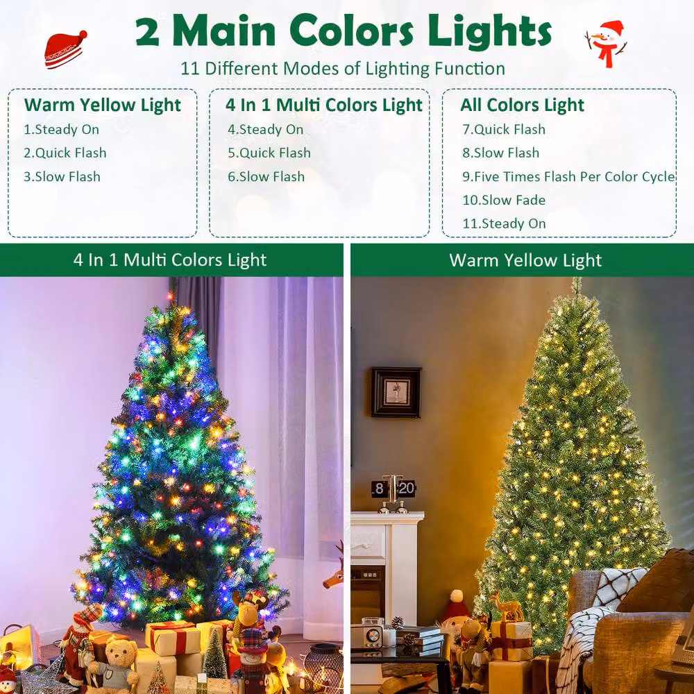 Gymax 180 cm Pre-Lit Artificial Christmas Tree with 350 Multicolour LED Lights in Green – 4