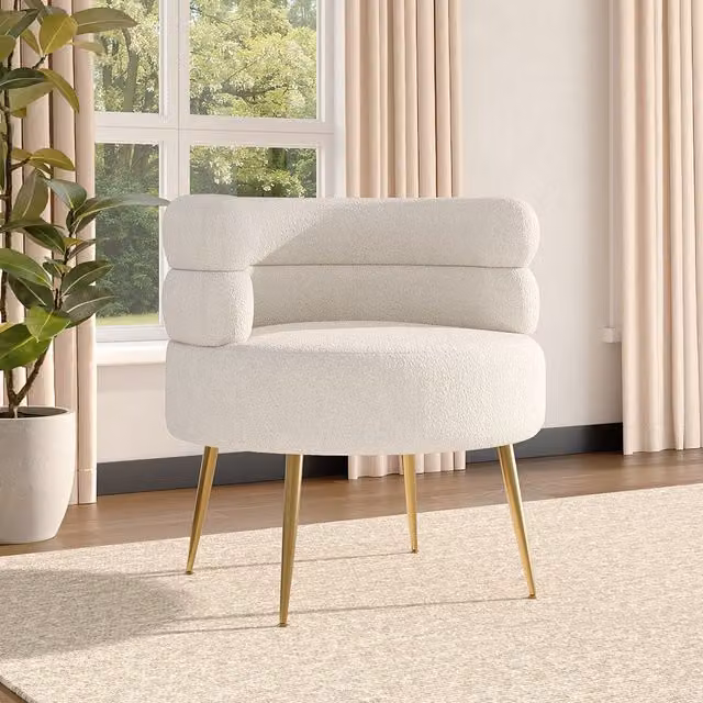 Livingandhome White Bouclé Tub Accent Chair with Gold and Wood Mixed Frame