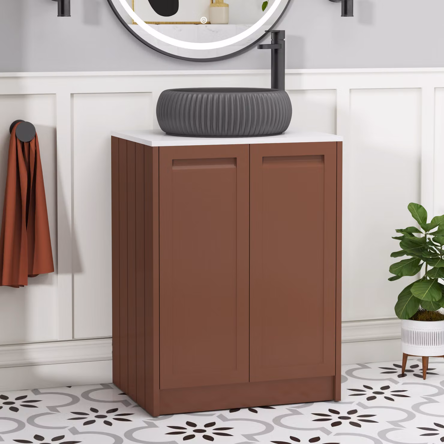 Royal Bathrooms Elmore 600mm Floor Standing 2 Door Vanity Unit in Terracotta Clay with Plain White Worktop and Milan Black Basin
